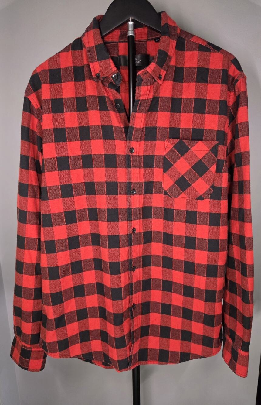 Emiqude Mens Large Red Black Buffalo Plaid Flannel Shirt Slim Fit Grunge